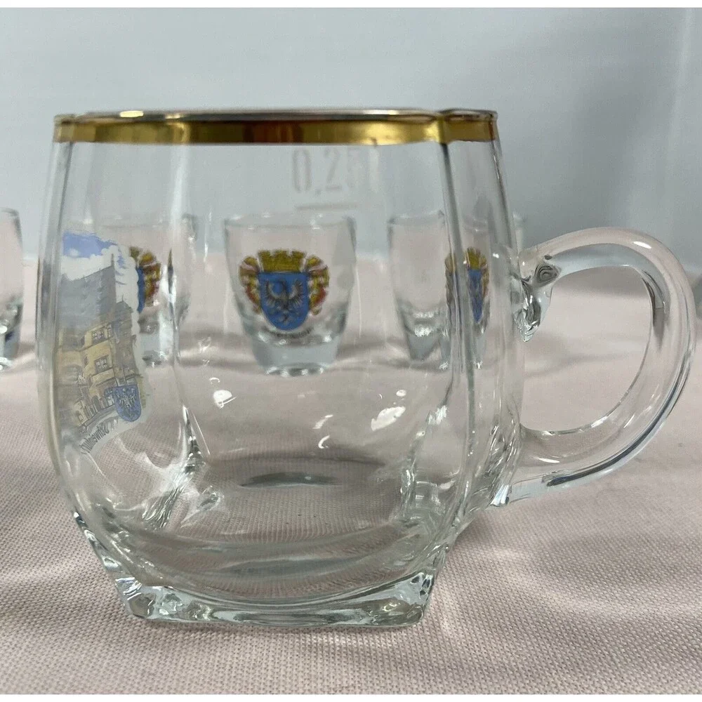 VTG German 5 Shot Glass Set Schweinfurt - Rathaus. Plus 1 Drinking Glass.